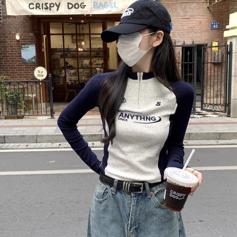 美式半拉链立领撞色插肩长袖T恤女秋季修身短款小个子外穿打底衫