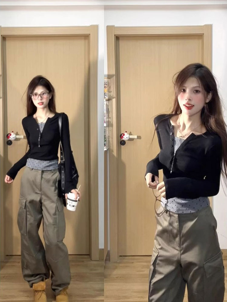 韩系修身假两件长袖t恤女早秋2025新款上衣设计感小众内搭打底衫