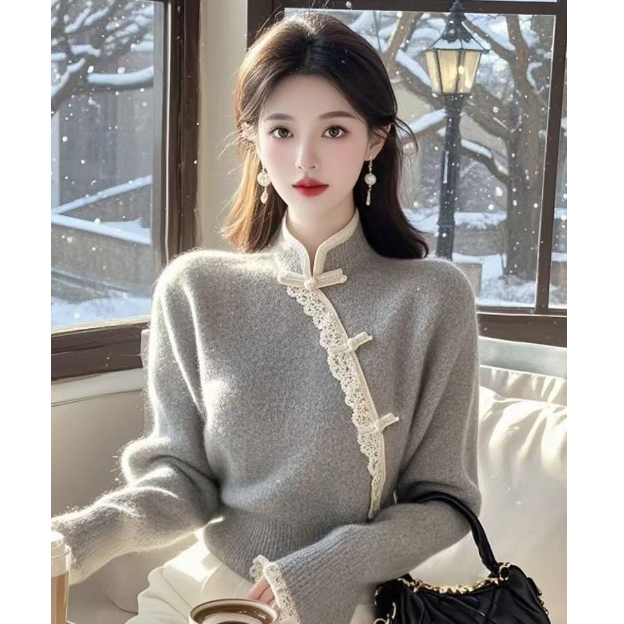 202 5秋冬季新中式国风高级感内搭毛衣气质小香风灰色针织6649