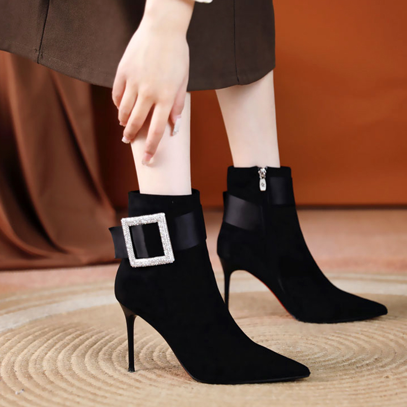 黑色百搭短靴女细跟尖头水钻秋冬季裸靴高跟鞋女905-29短靴女高跟