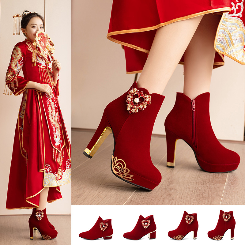 秋冬新娘鞋靴中式粗跟婚鞋女酒红色圆头舒适婚纱结婚鞋靴秀禾红鞋