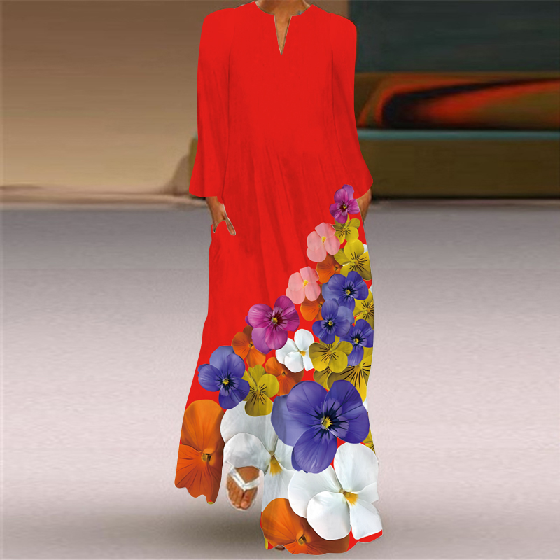 春夏新款女装 中国风连衣裙 长袖口袋长裙舞台走秀大红色宽松衣服