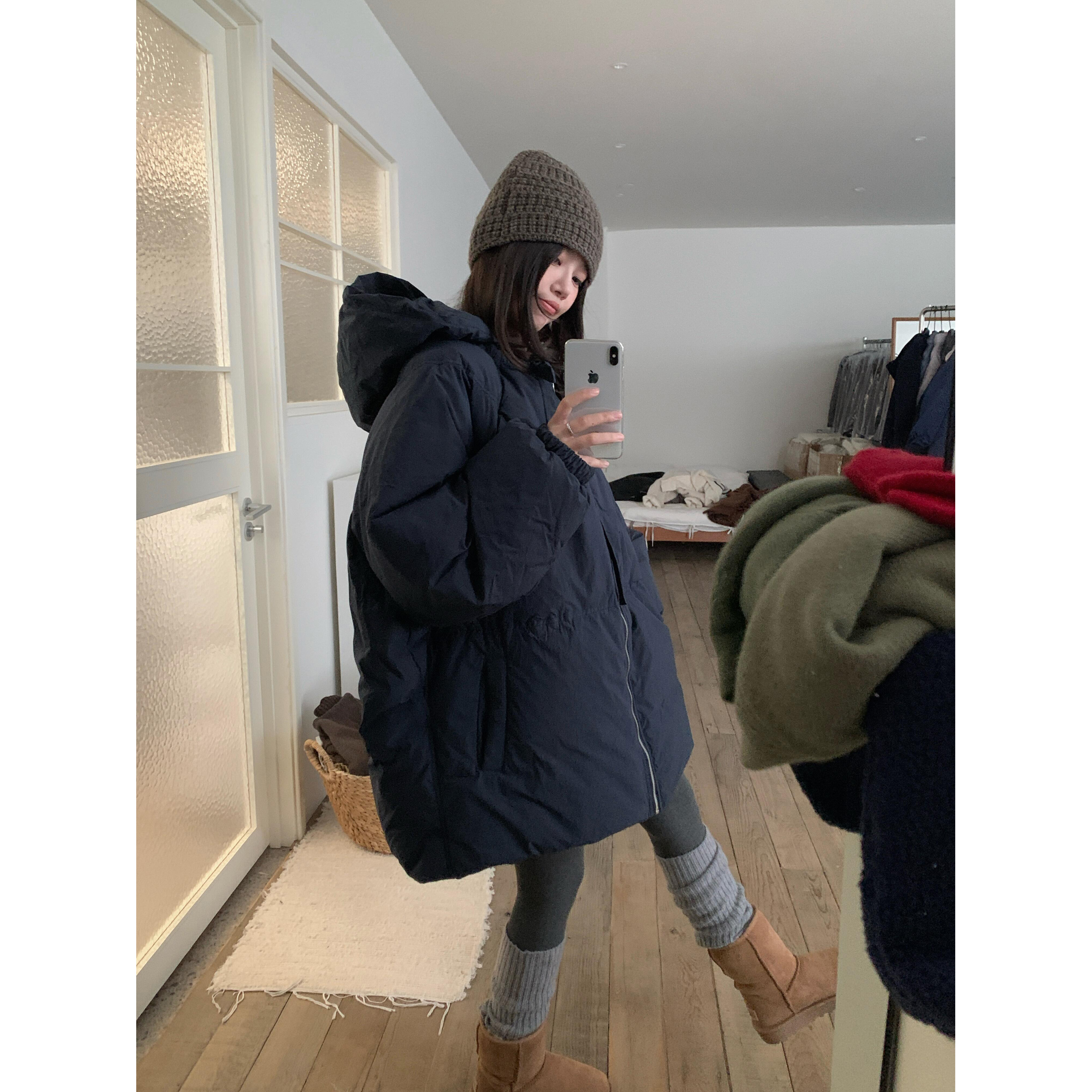 INS CEC韩系包裹感棉服冬季新款宽松遮肉中长款外套小众设计棉衣