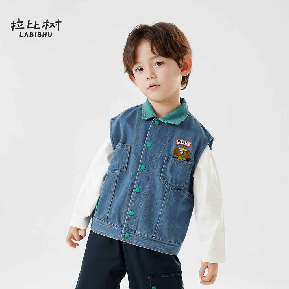 拉比树童装男童休闲撞色牛仔马甲秋季新款宝宝无袖夹克衫儿童上衣