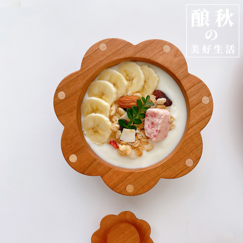 喵有型花朵波点小木碗家用水果沙拉坚果零食甜品碗可爱小清新花碗