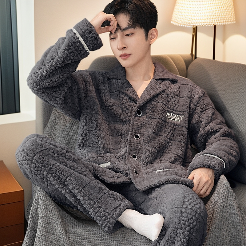 提花格子秋冬季加绒加厚男士保暖冬天冬款青年中年大码宽松家居服