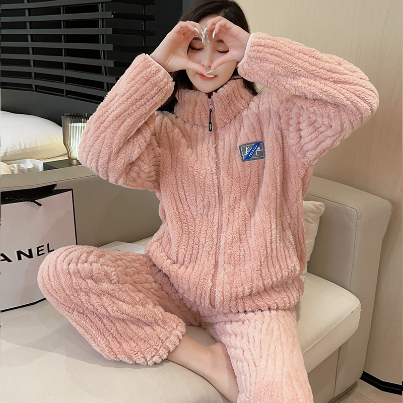 果酱红拉链休闲睡衣女秋冬季加绒加厚珊瑚绒法兰绒保暖家居服套装