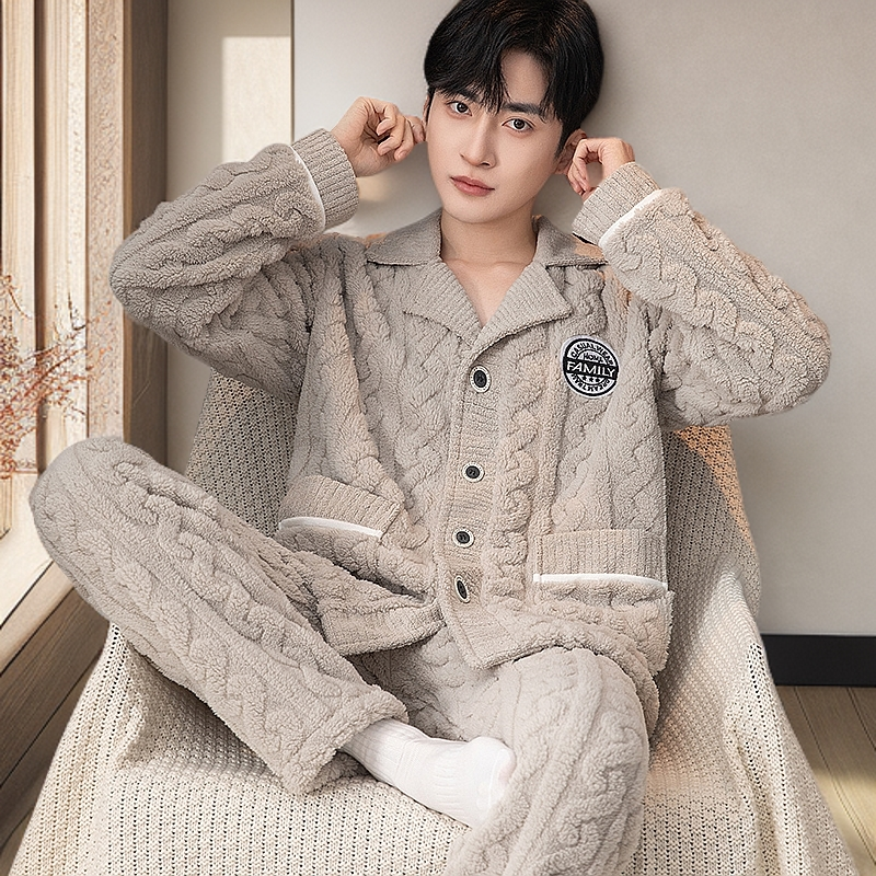 秋冬季男士提花家居服加绒加厚大码长袖保暖睡衣套装冬天冬款睡衣
