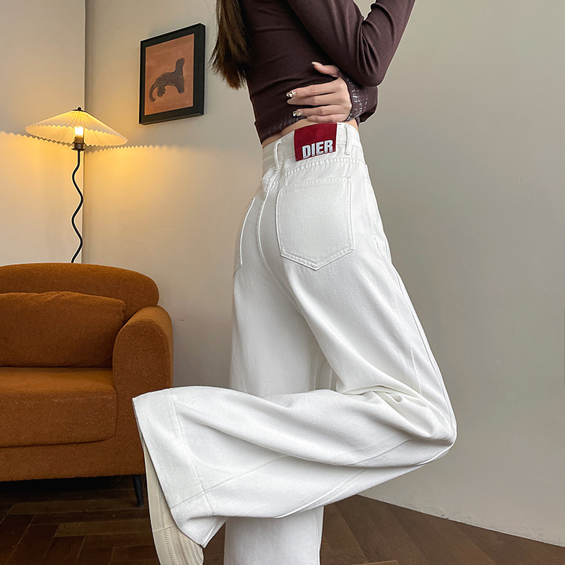 白色阔腿加绒牛仔裤女款秋冬季长裤时尚个性拼接宽松显瘦拖地裤子