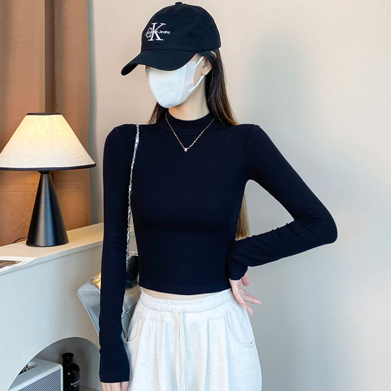 黑色长袖t恤女春秋螺纹半高领打底衫短款内搭中领修身显瘦上衣潮
