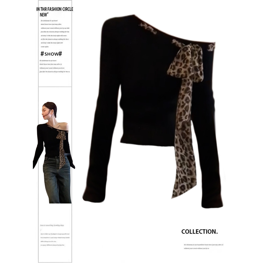 豹纹蝴蝶结一字斜肩上衣女秋季设计感修身别致长袖针织T恤打底衫