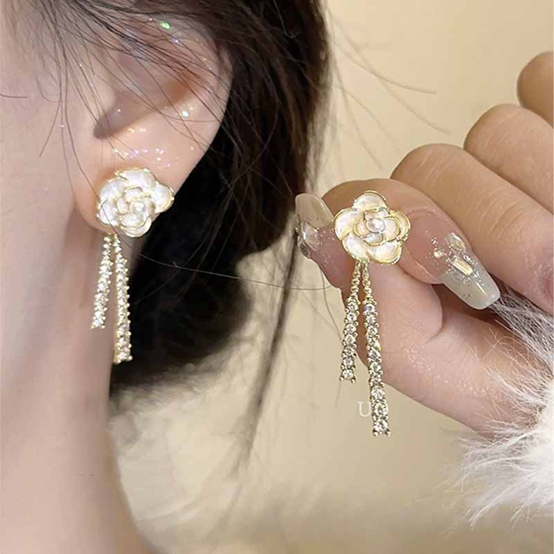 铜合金耳饰 山茶花珠珠玫瑰树叶耳环小众高级感方圆脸森系耳饰女