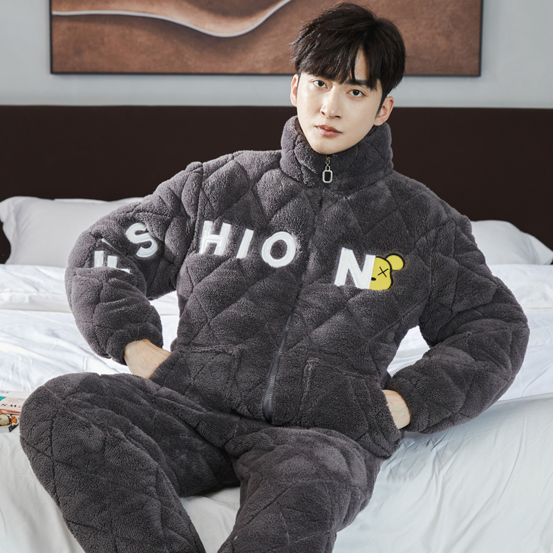 冬季三层夹棉男士睡衣珊瑚绒套装加厚加绒暖法兰绒家居服可外穿JX