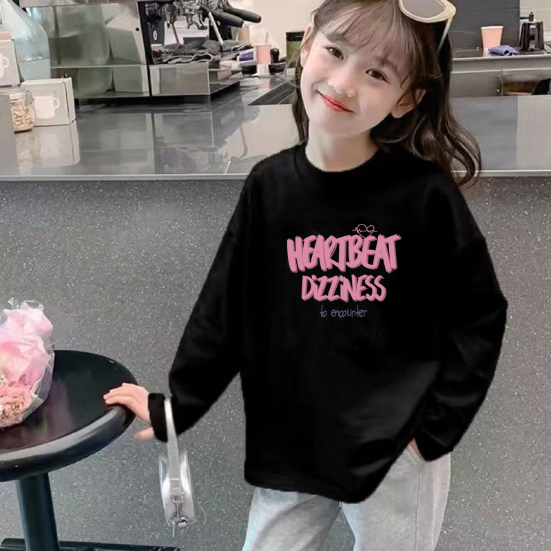 纯棉春秋T恤女童儿童长袖中大童卡通印花春装休闲宽松百搭ins上衣