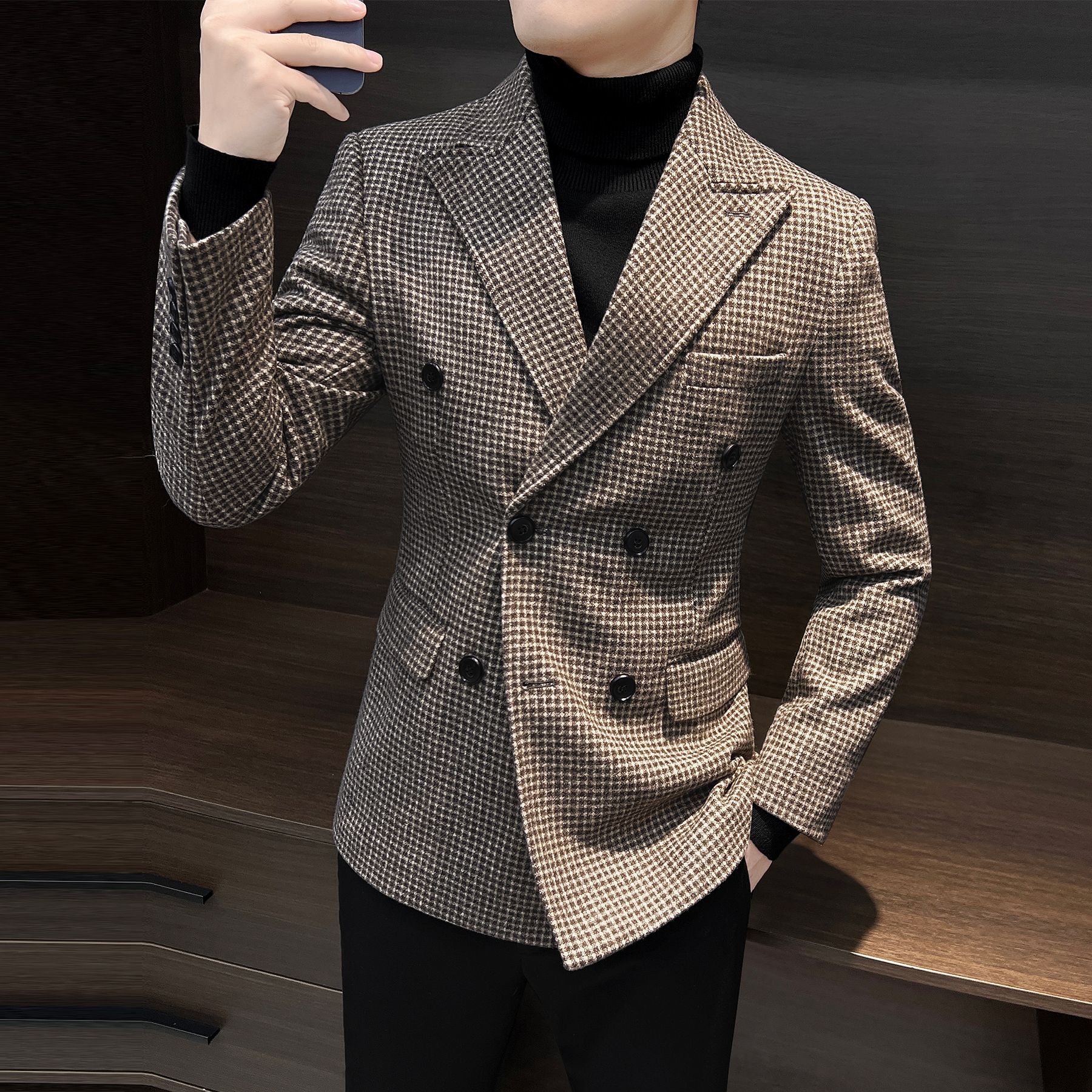 千鸟格毛呢西服外套男秋冬季格子商务休闲风男装呢子双排扣西装男