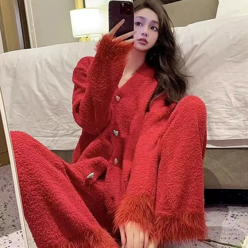 睡衣女款爆款2025新款秋冬红色软绵绵保暖半边绒软绵绵家居服套装