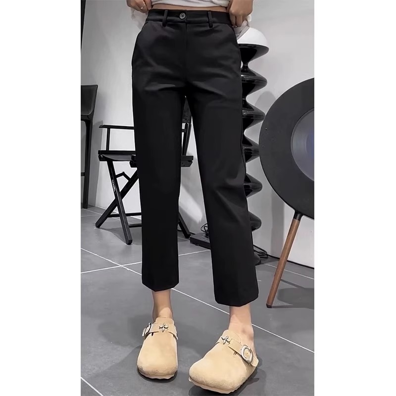 大码女装春秋新款高腰开叉直筒百搭休闲西装裤显瘦九分弹力烟管裤