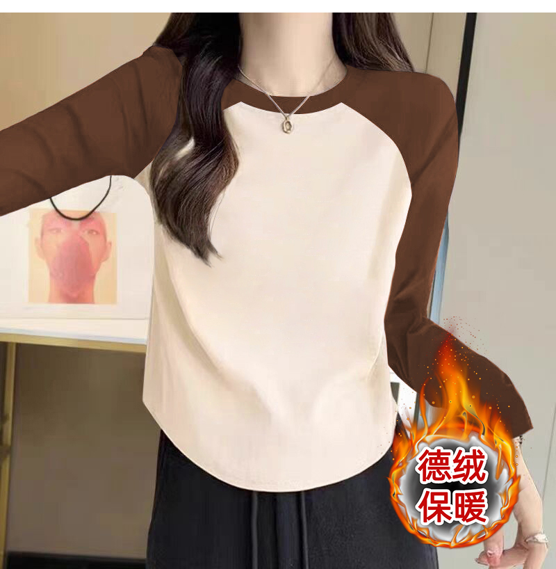 韩版百搭上衣女潮秋冬季保暖双面德绒长袖打底衫新款插肩内搭T恤