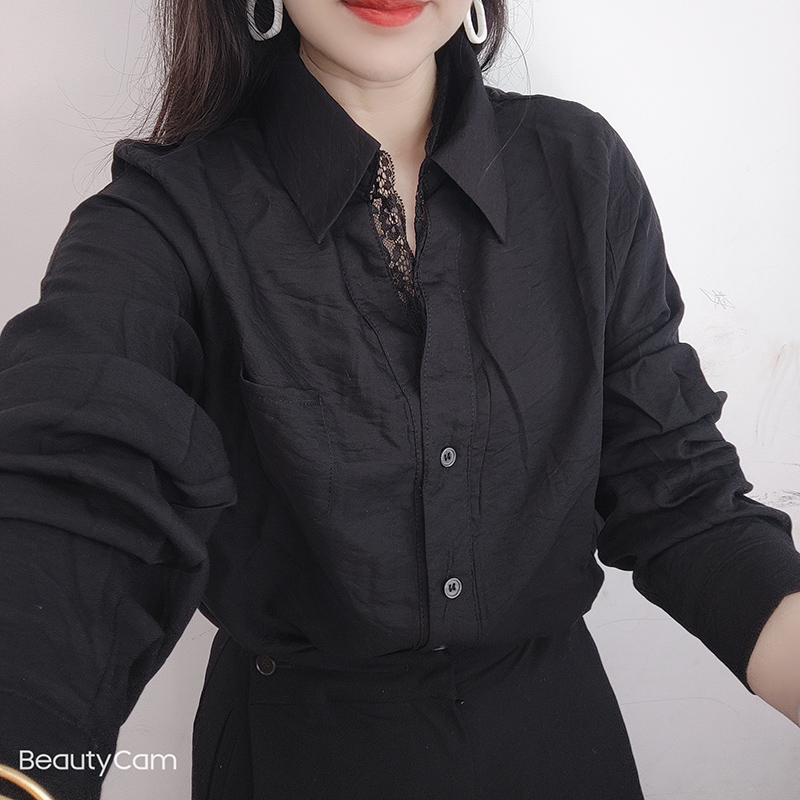 黑色早秋新款法式设计感翻领单排扣宽松拼接蕾丝假两件长袖衬衫