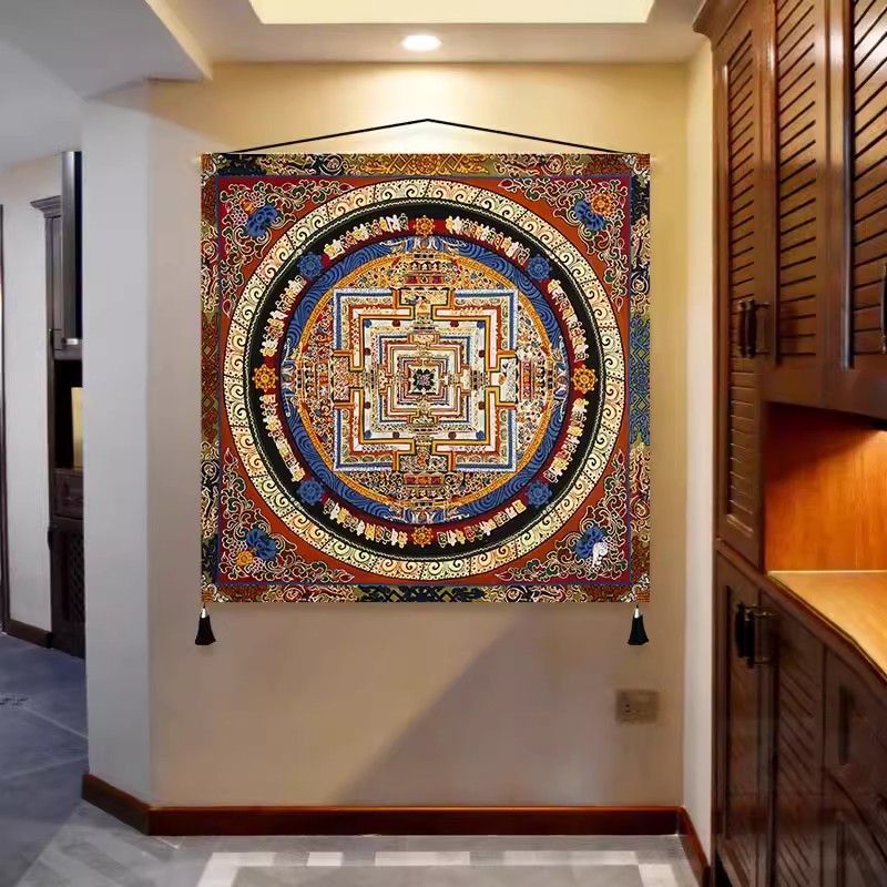 黑金西藏式唐卡挂布装饰画六字真言心经玄关入门聚财坛城方形壁画