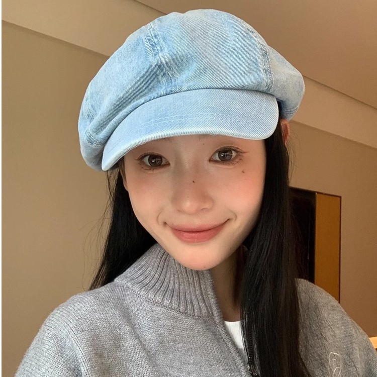 日系复古牛仔贝雷帽女大头围百搭显脸小画家云朵帽文艺八角帽子潮