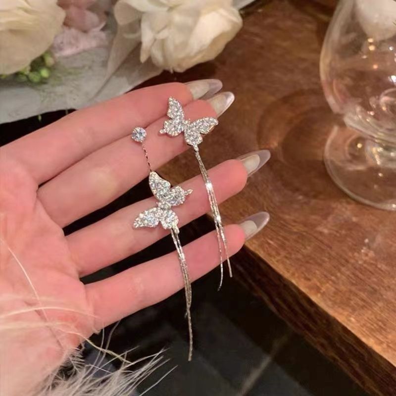 2024新款气质长款流苏耳环女小众高级感轻奢蝴蝶耳钉不对称耳饰