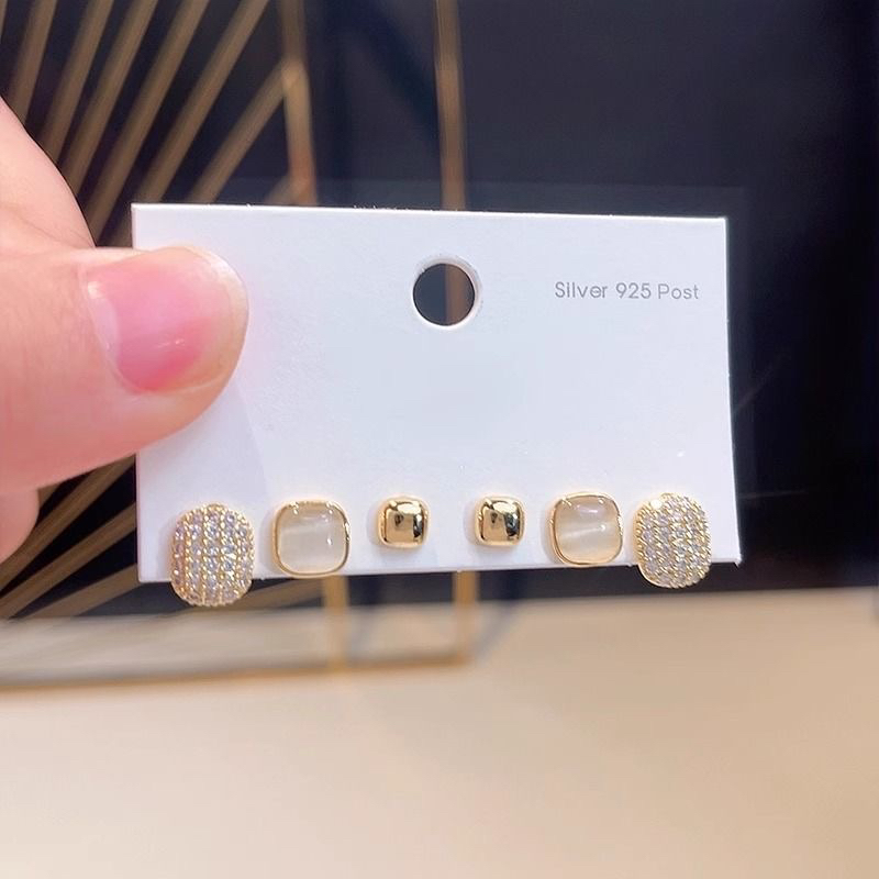 铜合金耳饰 金色猫眼耳钉六件套百搭高级温柔银针耳环