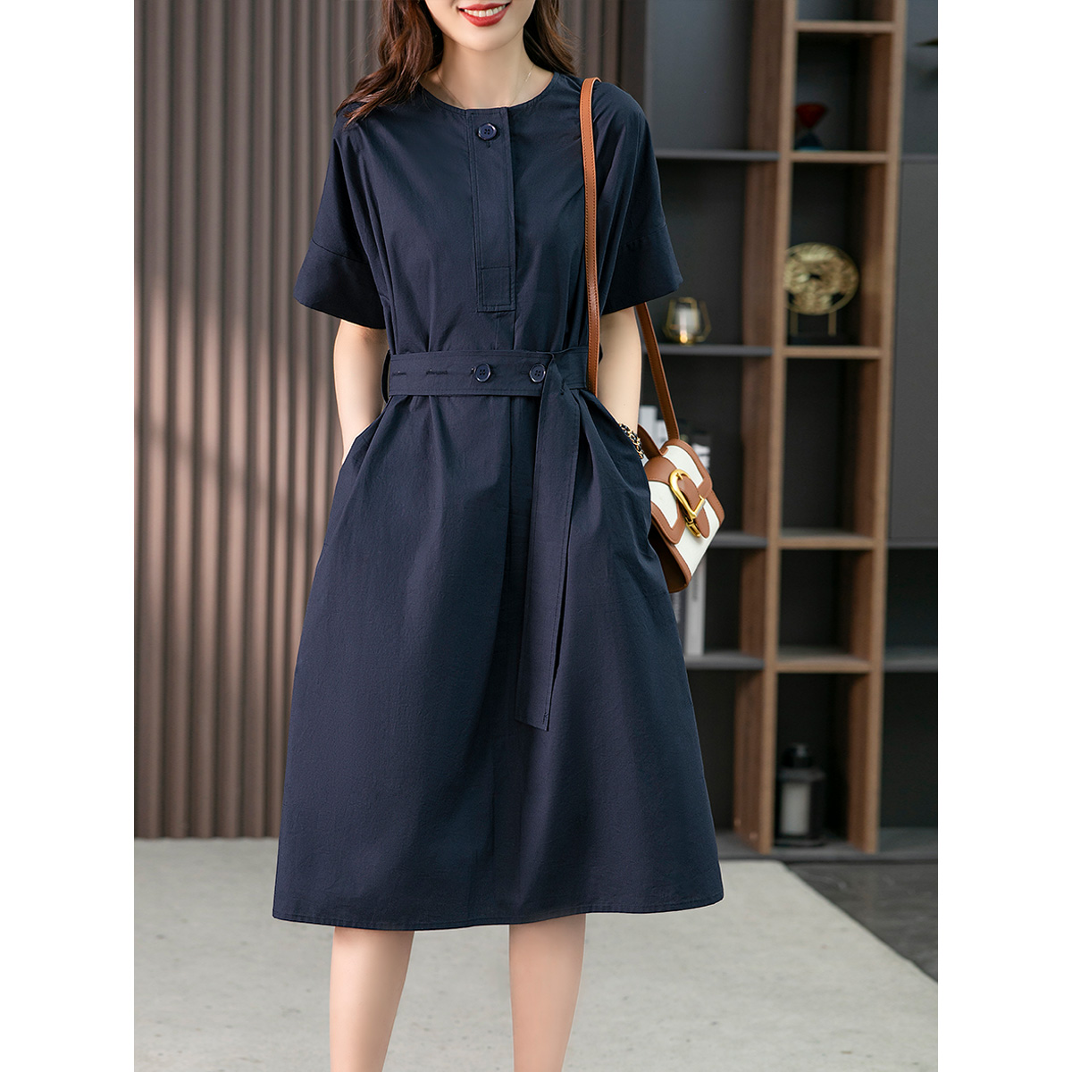 原形 夏季时尚法式气质衬衫2025韩版收腰显瘦女装连衣裙 87021