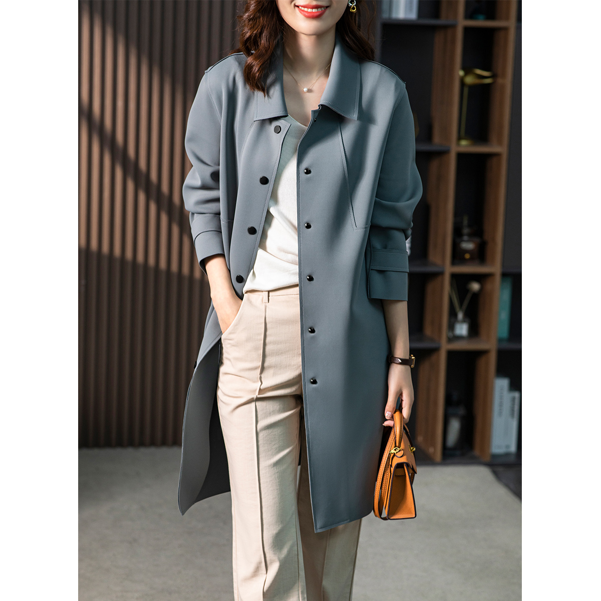 原形休闲英伦风衣女中长款2025秋季外套韩版宽松显瘦外搭U83945