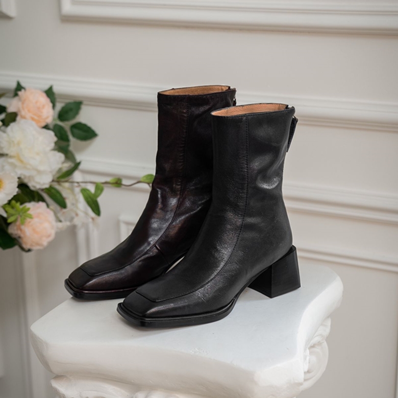 COVONTY「imagine」柔软舒适羊皮短靴女粗跟手工中筒靴切尔西