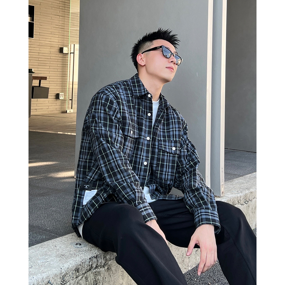 YIHAO STUDIO秋季男款蓝色格子衬衫男款长袖宽松经典翻领衬衣