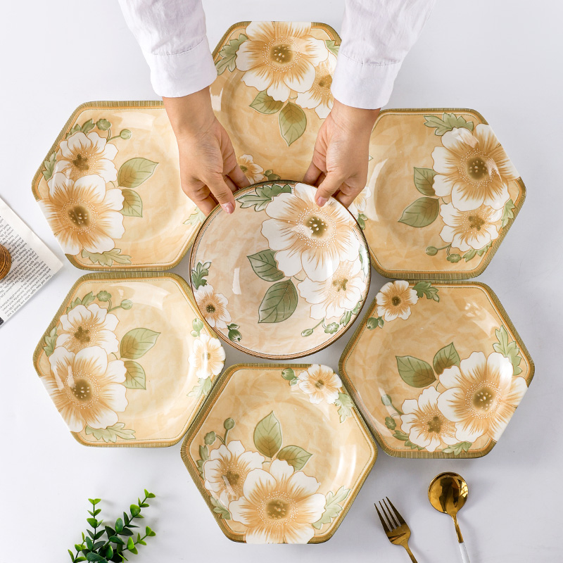 六角拼盘字套装家用组合山茶花陶瓷菜盘子高颜值碗盘餐具套装