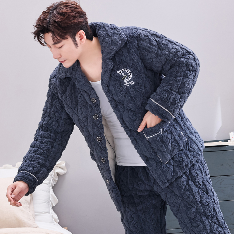 睡衣男士冬季三层加厚珊瑚绒夹棉保暖加绒法兰绒家居服套装秋冬款