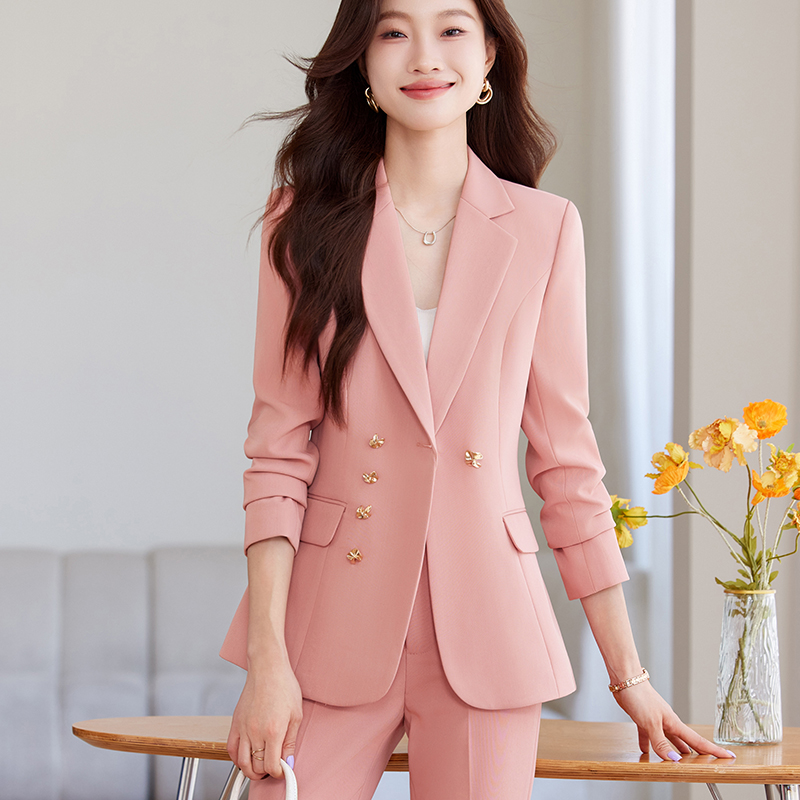 时尚气质粉色西装套装女春秋新款女神范播音主持休闲通勤职业西服