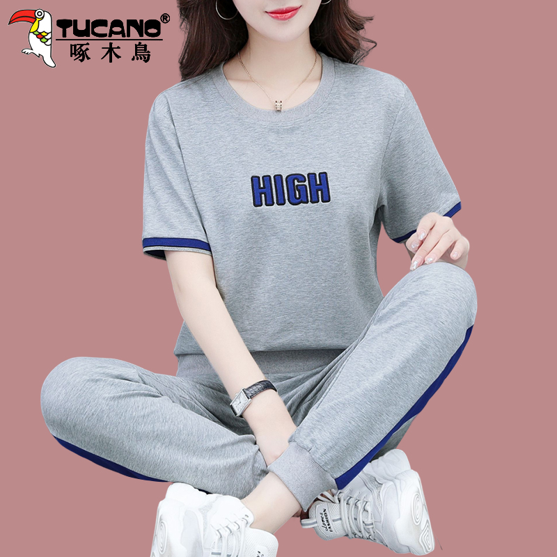 【官方】啄木鸟大码休闲运动套装夏装女2025宽松薄款短袖长裤两件套