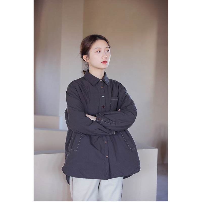 新品文艺轻复古洋气轻奢纯色高密长绒棉翻领夹棉加厚保暖棉衣棉服