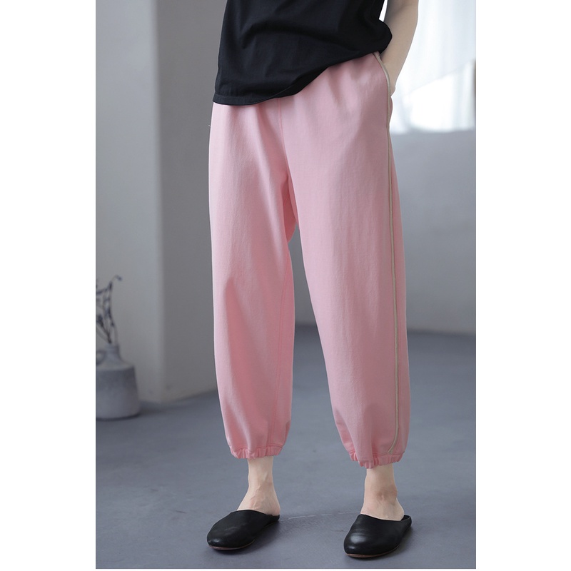 春夏新品 文艺粉色松紧腰空气感薄空气层舒适针织运动休闲九分裤