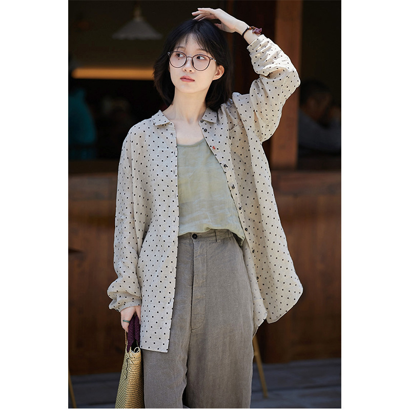 文艺复古棉麻女装 夏季新款波点印花雨露麻翻领长款宽松亚麻衬衫