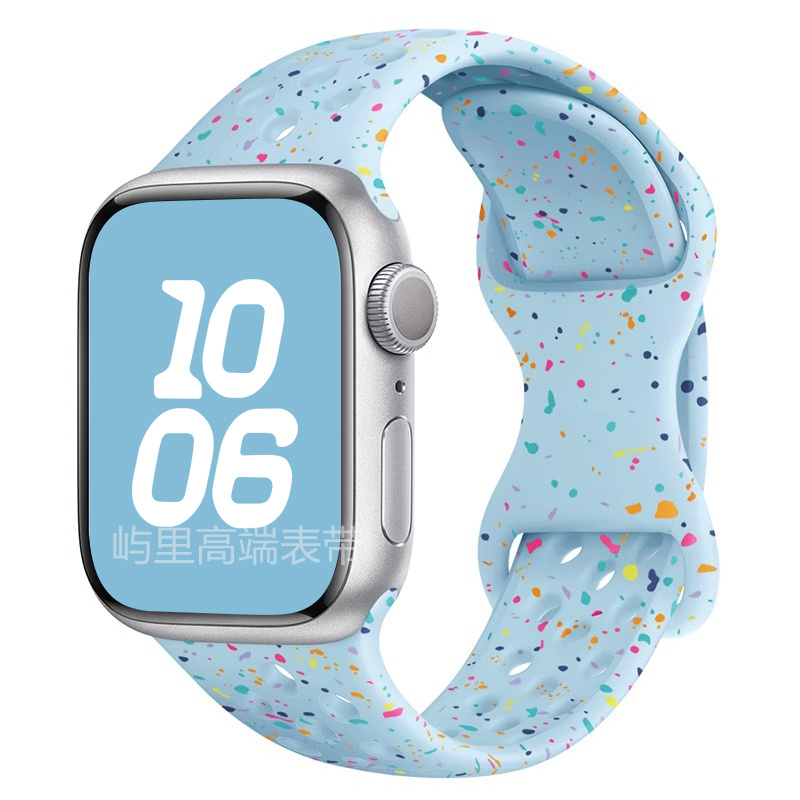 适用苹果手表s9表带iwatch蝴蝶扣洞洞彩屑硅胶夏天透气防水百搭