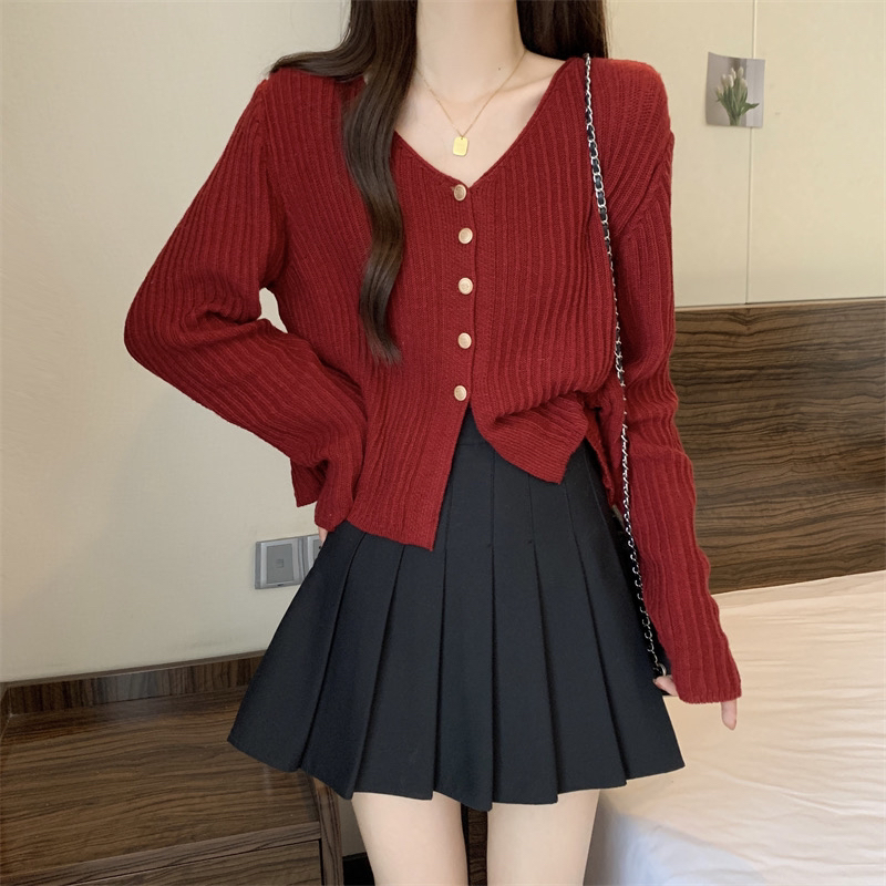 小香风安可拉红V领针织开衫女2025春秋季新款洋气设计感长袖罩衫