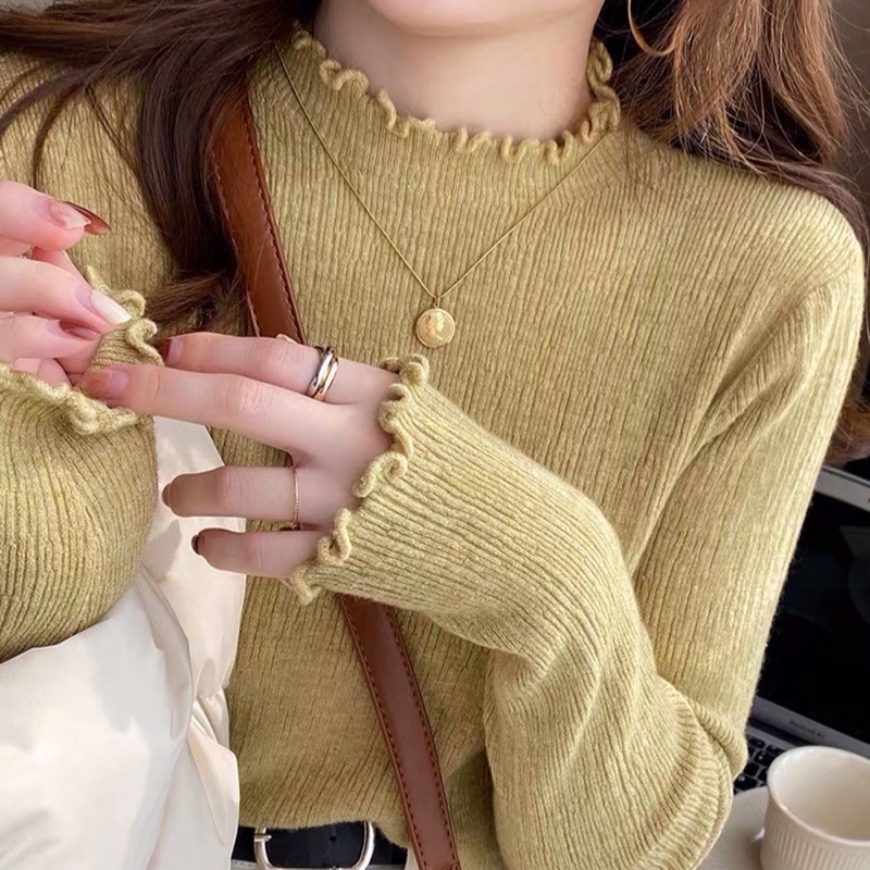 木耳边半高领长袖打底衫女早秋针织内搭2025修身洋气百搭纯色284