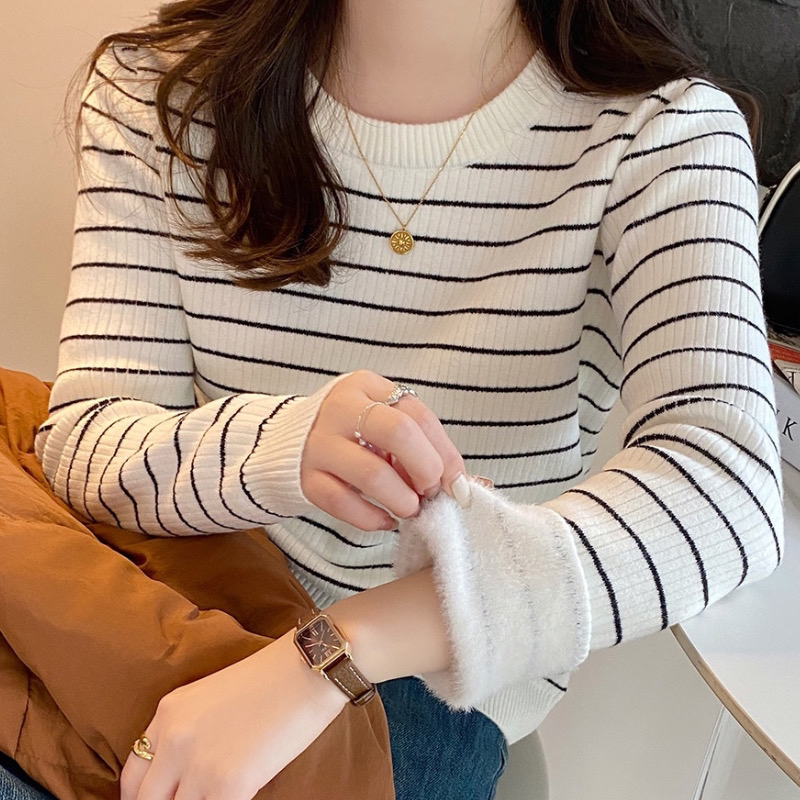 撞色条纹毛衣女2025新款秋冬加厚加绒内搭打底衫半高领一体绒上衣