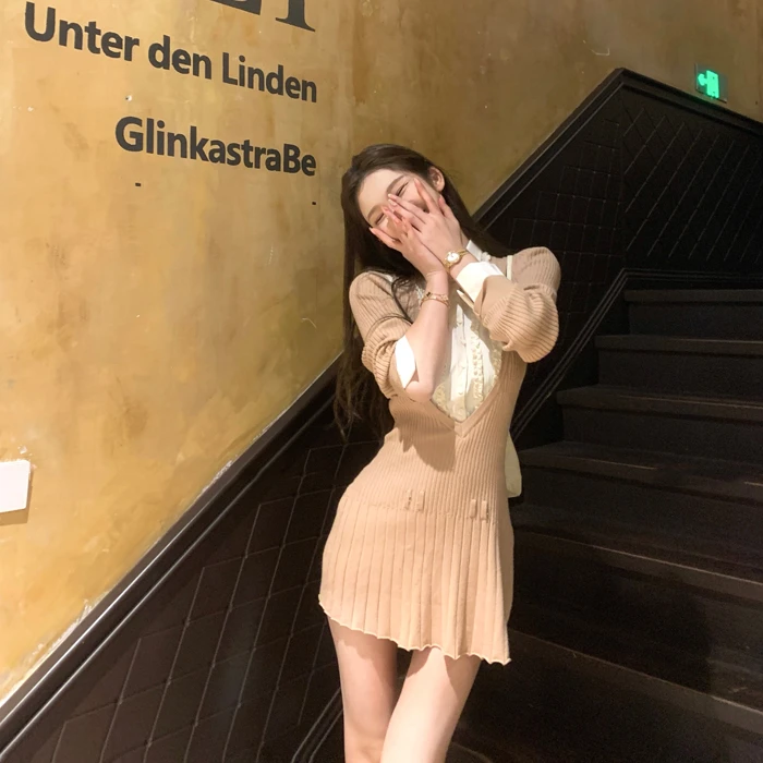 【纽约艺高】冬季针织连衣裙女内搭裙假两件拼接衬衫领裙子百褶裙女