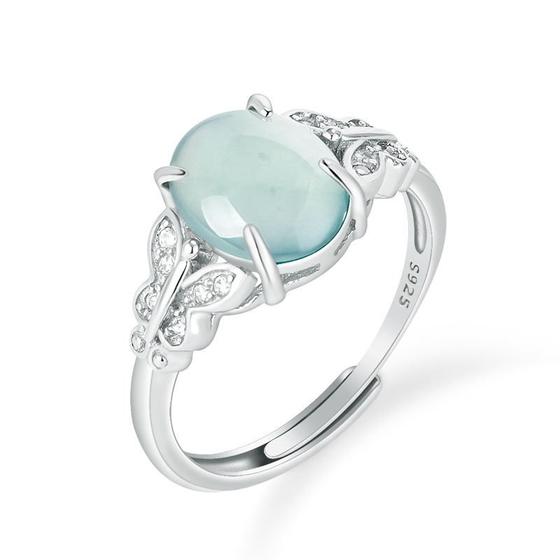 925银镶嵌天然A货翡翠蓝水蛋面糯种玉石戒指时尚简约女款可调节