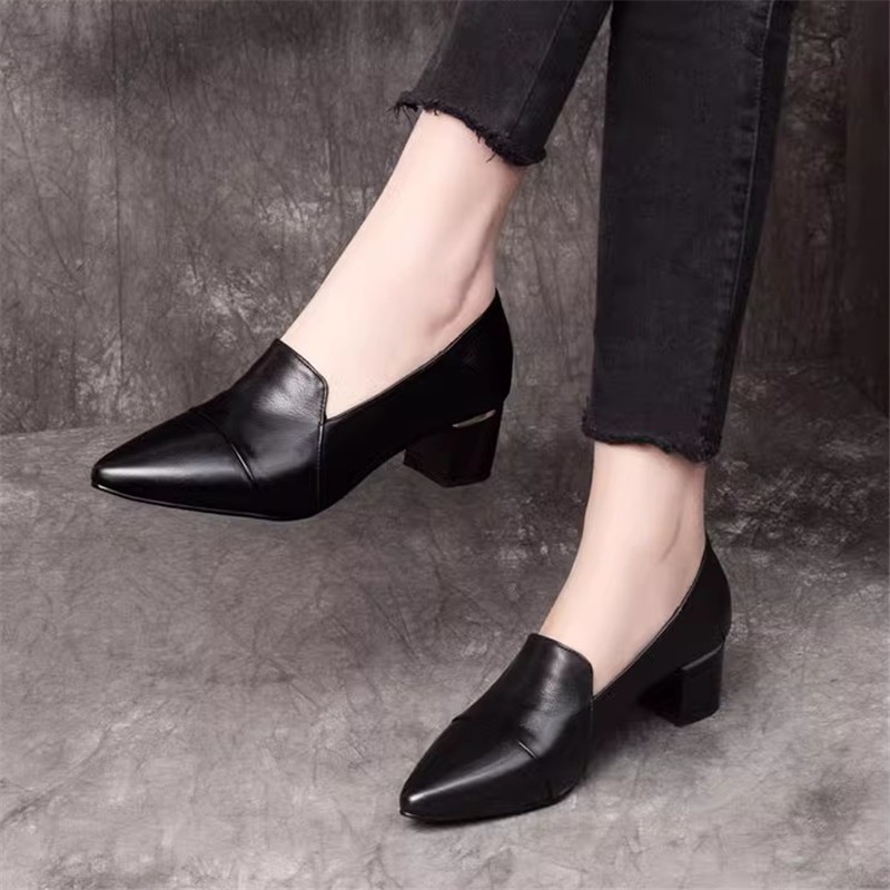 真皮中跟单鞋女2025春季新款尖头粗跟软皮一脚蹬高级女士小皮鞋女