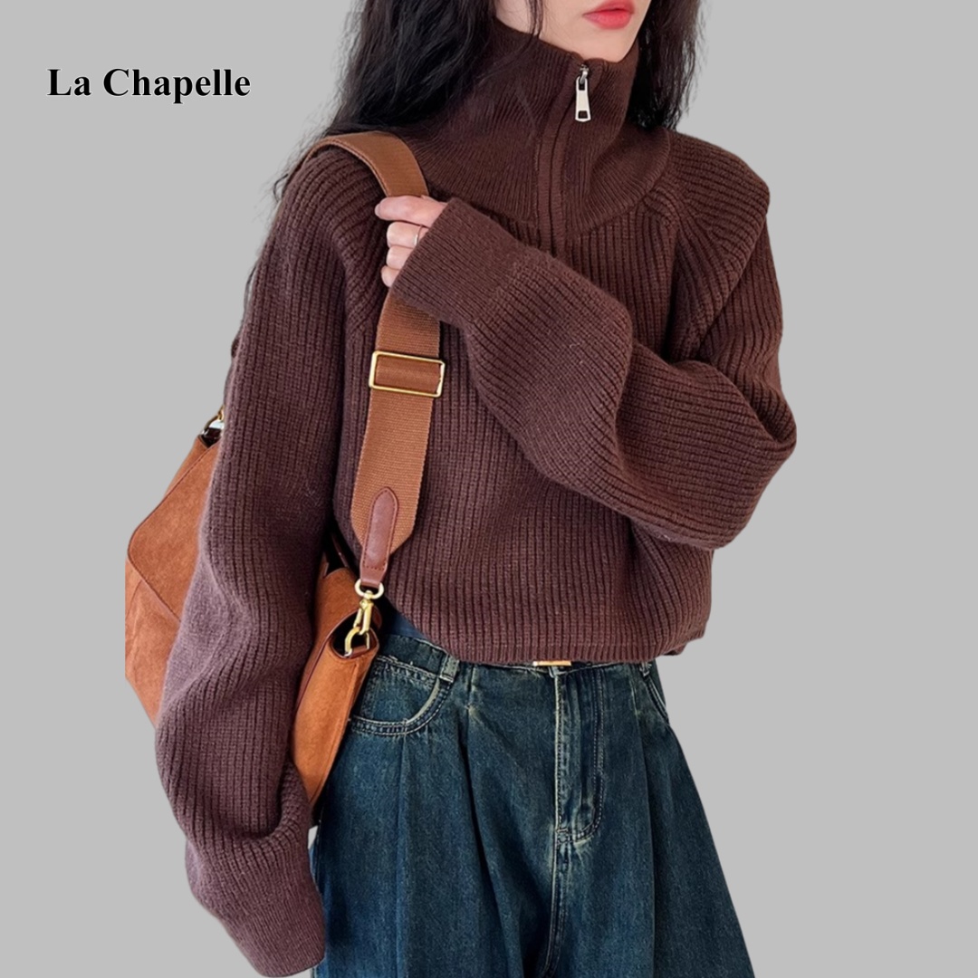 拉夏贝尔加厚针织衫女短款秋冬季半高领显瘦新款百搭宽松高腰毛衣