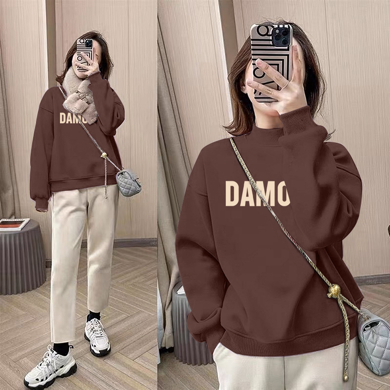 半高领套头印花洋气保暖加绒加厚卫衣女2025秋冬装新款宽松韩版