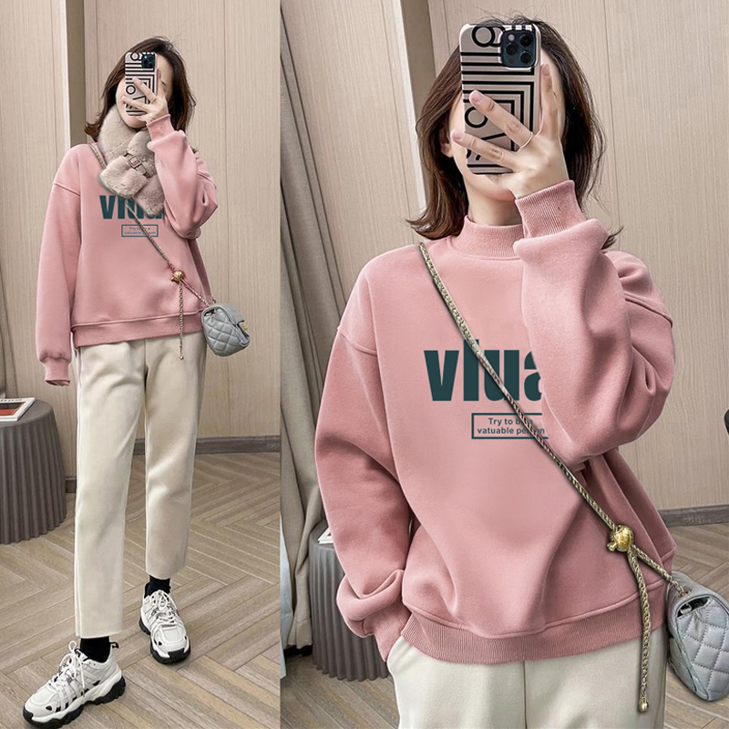 半高领套头印花打底衫加绒加厚卫衣女2025秋冬季新款宽松韩版外套