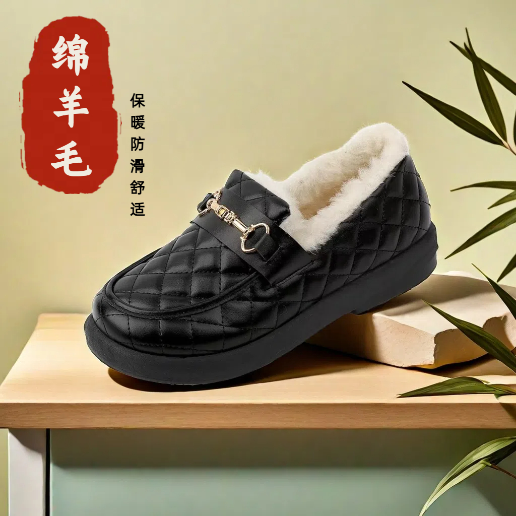 新款女式冬季绵羊毛加厚保暖舒适百搭时尚休闲防滑平底软底乐福鞋