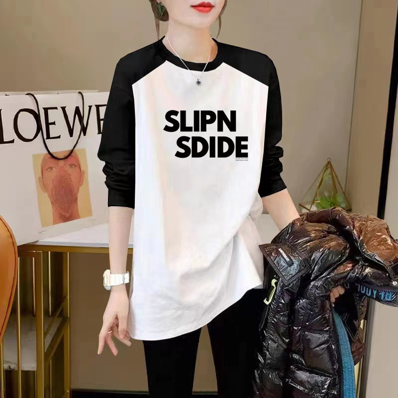 撞色拼接春秋长袖纯棉中长款t恤女遮屁股大码宽松上衣打底衫ins潮
